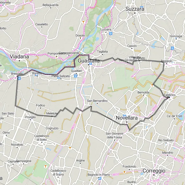 Miniaturní mapa "Okruh kolem Guastally" inspirace pro cyklisty v oblasti Emilia-Romagna, Italy. Vytvořeno pomocí plánovače tras Tarmacs.app
