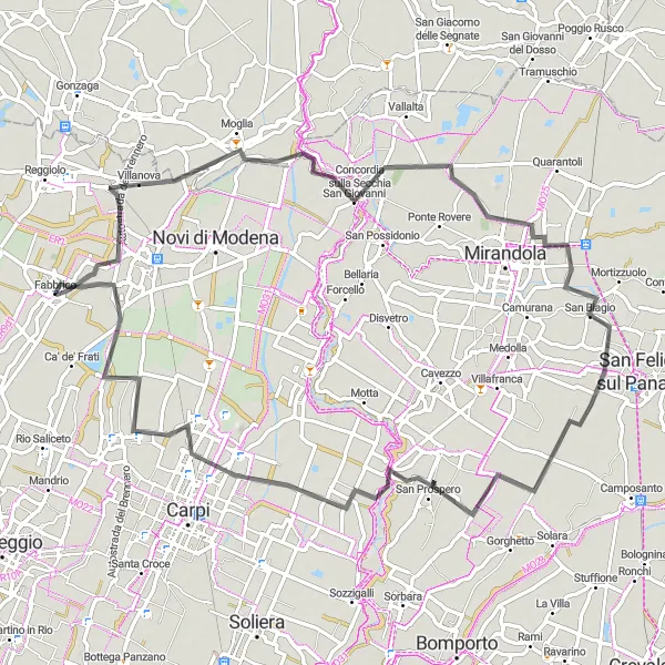 Map miniature of "Budrione Road Explorer (Road)" cycling inspiration in Emilia-Romagna, Italy. Generated by Tarmacs.app cycling route planner