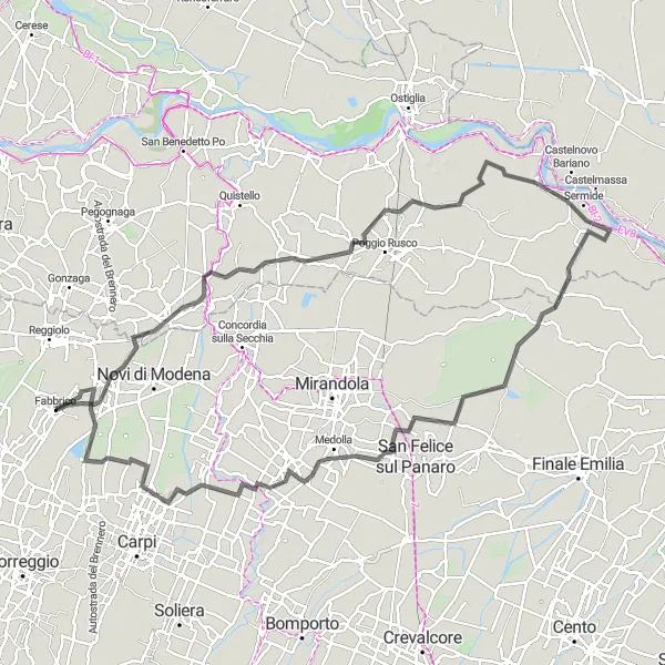Zemljevid v pomanjšavi "Cestna pot skozi Pavignane in Fossoli" kolesarske inspiracije v Emilia-Romagna, Italy. Generirano z načrtovalcem kolesarskih poti Tarmacs.app