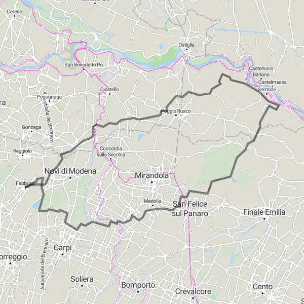 Miniaturekort af cykelinspirationen "Charmerende landevejscykelrute fra Fabbrico" i Emilia-Romagna, Italy. Genereret af Tarmacs.app cykelruteplanlægger