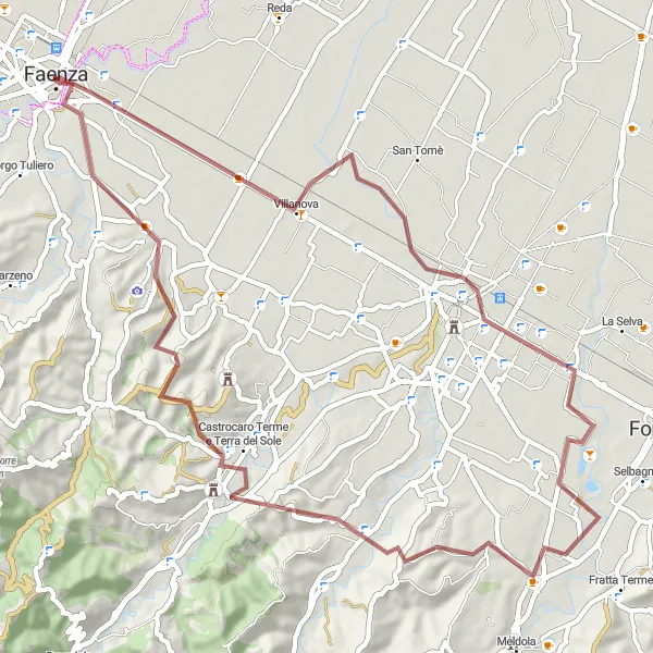 Miniature de la carte de l'inspiration cycliste "Boucle en gravel Faenza - Monte Vescovado" dans la Emilia-Romagna, Italy. Générée par le planificateur d'itinéraire cycliste Tarmacs.app