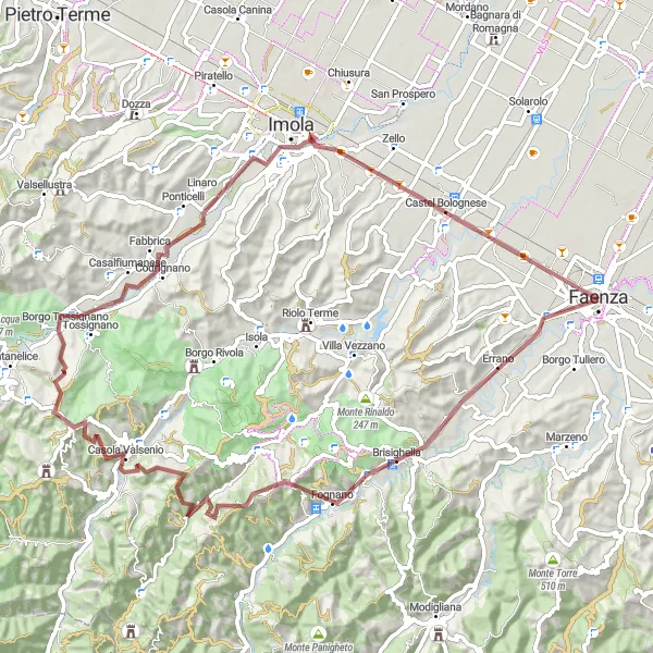 Miniatuurkaart van de fietsinspiratie "Avontuurlijke gravelroute langs Monte Castellaro naar Faenza" in Emilia-Romagna, Italy. Gemaakt door de Tarmacs.app fietsrouteplanner