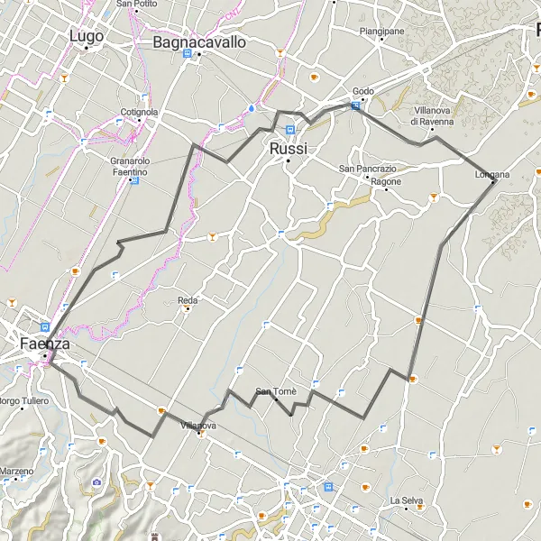 Miniaturní mapa "Krajinami Faenzy" inspirace pro cyklisty v oblasti Emilia-Romagna, Italy. Vytvořeno pomocí plánovače tras Tarmacs.app