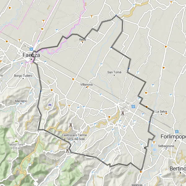Miniatua del mapa de inspiración ciclista "Ruta de Faenza a Monte Riccio" en Emilia-Romagna, Italy. Generado por Tarmacs.app planificador de rutas ciclistas