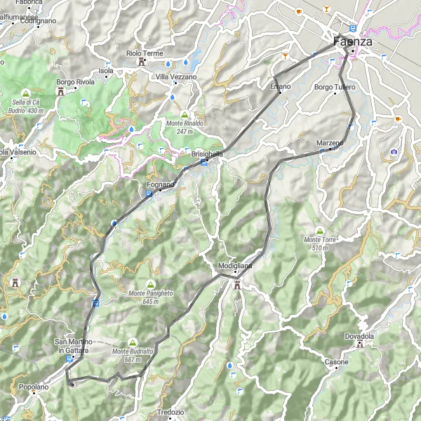 Miniatura della mappa di ispirazione al ciclismo "Giro panoramico tra Faenza e Modigliana" nella regione di Emilia-Romagna, Italy. Generata da Tarmacs.app, pianificatore di rotte ciclistiche