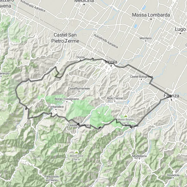 Zemljevid v pomanjšavi "Potovanje v naravnem parku Vena del Gesso Romagnola" kolesarske inspiracije v Emilia-Romagna, Italy. Generirano z načrtovalcem kolesarskih poti Tarmacs.app