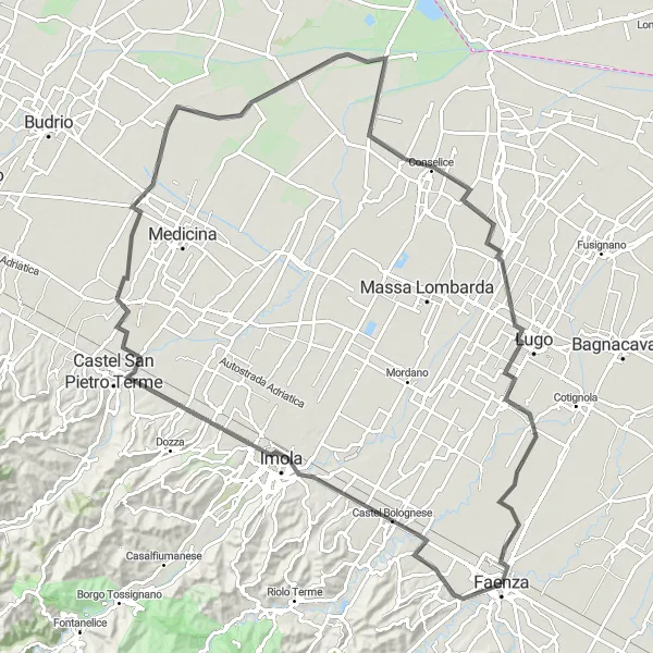 Miniatua del mapa de inspiración ciclista "Ruta de Faenza a Faenza vía Castel Bolognese e Imola" en Emilia-Romagna, Italy. Generado por Tarmacs.app planificador de rutas ciclistas