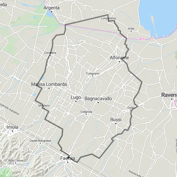 Zemljevid v pomanjšavi "Raznolika cestna pot v Emilia-Romagna" kolesarske inspiracije v Emilia-Romagna, Italy. Generirano z načrtovalcem kolesarskih poti Tarmacs.app