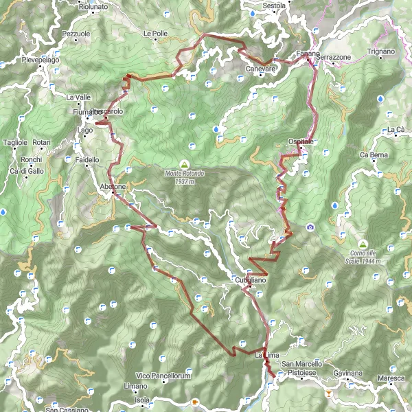 Kartminiatyr av "Grusvägsäventyr till Abetone och Monte Cimone" cykelinspiration i Emilia-Romagna, Italy. Genererad av Tarmacs.app cykelruttplanerare