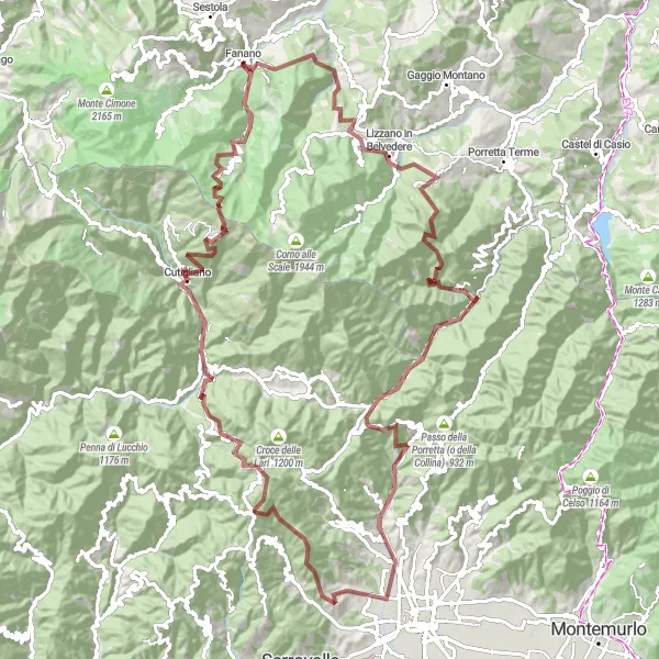 Miniaturní mapa "Gravel ze skály na Campiano" inspirace pro cyklisty v oblasti Emilia-Romagna, Italy. Vytvořeno pomocí plánovače tras Tarmacs.app