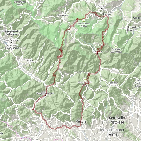 Miniaturní mapa "Gravel kolem Monte Cimone" inspirace pro cyklisty v oblasti Emilia-Romagna, Italy. Vytvořeno pomocí plánovače tras Tarmacs.app