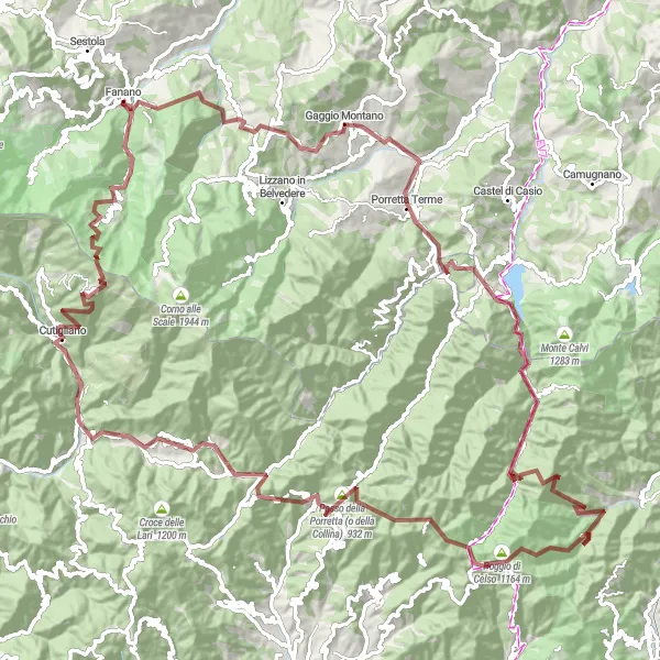 Map miniature of "Gravel Route to Pizzo di Campiano and Lentula" cycling inspiration in Emilia-Romagna, Italy. Generated by Tarmacs.app cycling route planner