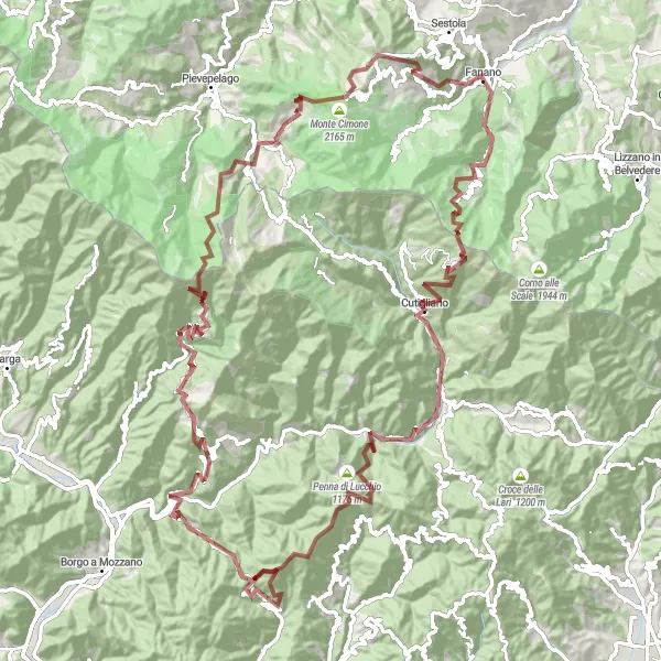 Miniaturní mapa "Gravelová trasa kolem Fanana" inspirace pro cyklisty v oblasti Emilia-Romagna, Italy. Vytvořeno pomocí plánovače tras Tarmacs.app