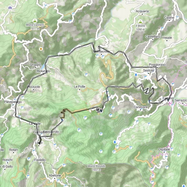 Map miniature of "Cycling through Monte Cervarola and Monte Cimone" cycling inspiration in Emilia-Romagna, Italy. Generated by Tarmacs.app cycling route planner
