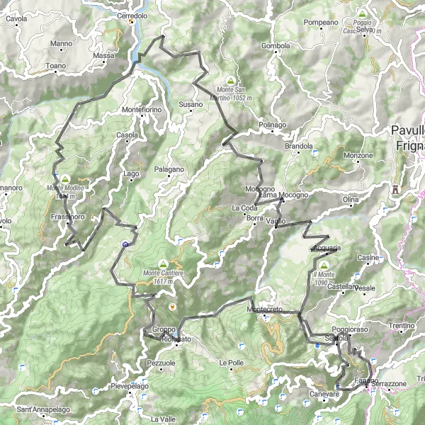 Miniaturní mapa "Road Výlet na Monte San Michele" inspirace pro cyklisty v oblasti Emilia-Romagna, Italy. Vytvořeno pomocí plánovače tras Tarmacs.app