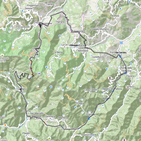 Miniatua del mapa de inspiración ciclista "Ruta en Carretera de Fanano a Pracchia" en Emilia-Romagna, Italy. Generado por Tarmacs.app planificador de rutas ciclistas