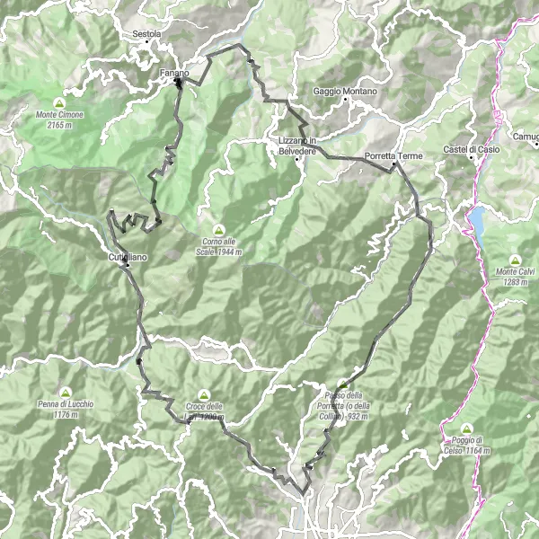 Zemljevid v pomanjšavi "Krožna kolesarska pot iz Fanana" kolesarske inspiracije v Emilia-Romagna, Italy. Generirano z načrtovalcem kolesarskih poti Tarmacs.app