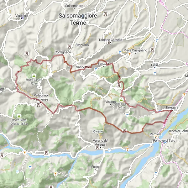 Miniatua del mapa de inspiración ciclista "Ruta de Grava Felegara-Pellegrino Parmense-Contignaco-Monte Casana-Monte San Biagio-Sant'Andrea Bagni" en Emilia-Romagna, Italy. Generado por Tarmacs.app planificador de rutas ciclistas