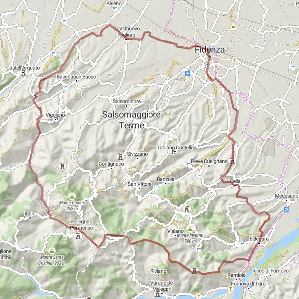 Miniatura mapy "Trasa gravelowa Felegara - Cella" - trasy rowerowej w Emilia-Romagna, Italy. Wygenerowane przez planer tras rowerowych Tarmacs.app