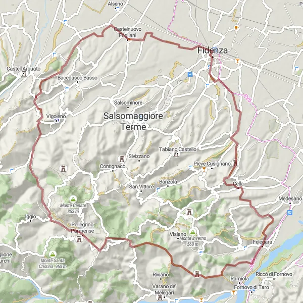 Map miniature of "Rural Gravel Expedition" cycling inspiration in Emilia-Romagna, Italy. Generated by Tarmacs.app cycling route planner