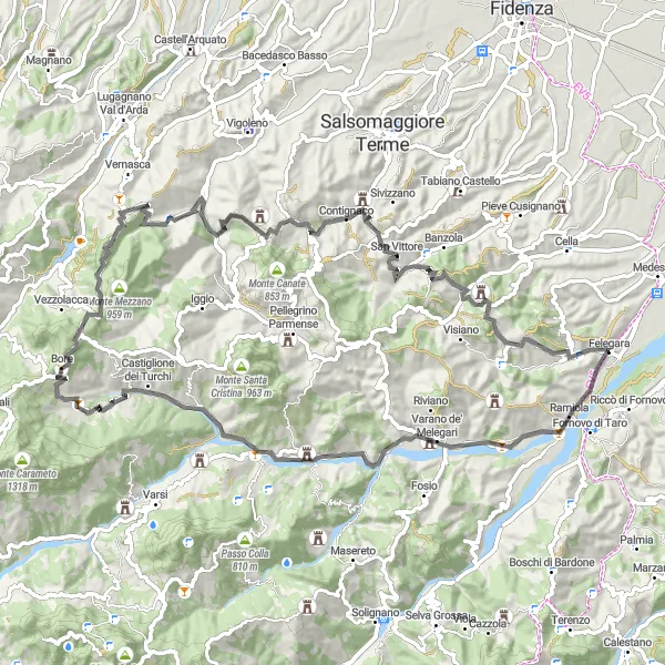 Miniatua del mapa de inspiración ciclista "Ruta en Carretera Felegara-Monte Guardia-Metti-Monte Mu-Monte Bosco della Torre-Contignaco-Monte San Biagio" en Emilia-Romagna, Italy. Generado por Tarmacs.app planificador de rutas ciclistas