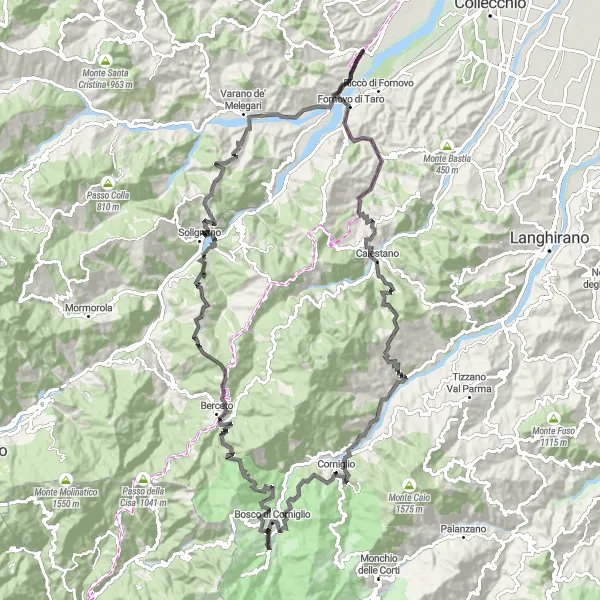 Kartminiatyr av "Utmanande landsvägscykling i bergen" cykelinspiration i Emilia-Romagna, Italy. Genererad av Tarmacs.app cykelruttplanerare