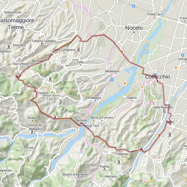 Map miniature of "The Felino and Sala Baganza Gravel Adventure" cycling inspiration in Emilia-Romagna, Italy. Generated by Tarmacs.app cycling route planner