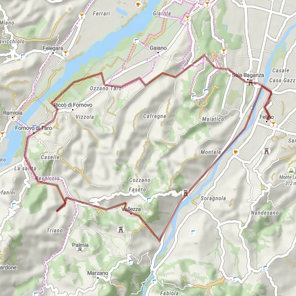Map miniature of "The Serene Gravel Route from Felino to Sala Baganza" cycling inspiration in Emilia-Romagna, Italy. Generated by Tarmacs.app cycling route planner