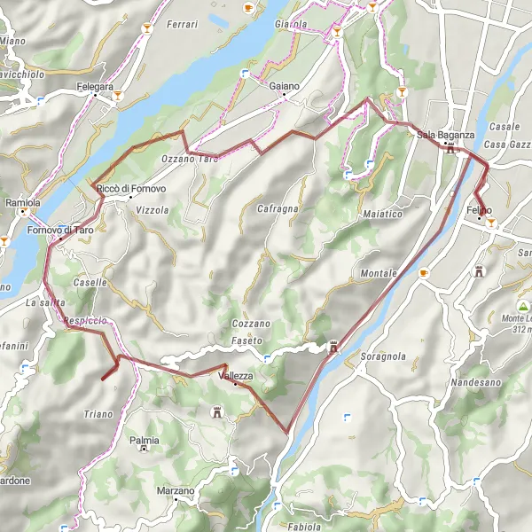 Mapa miniatúra "Gravel Cyklistická trasa kolem Felina" cyklistická inšpirácia v Emilia-Romagna, Italy. Vygenerované cyklistickým plánovačom trás Tarmacs.app