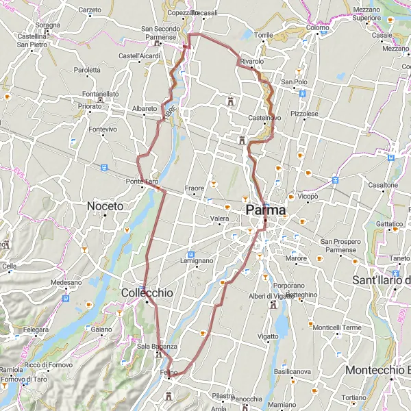 Miniatua del mapa de inspiración ciclista "Ruta de 71 km en grava desde Felino" en Emilia-Romagna, Italy. Generado por Tarmacs.app planificador de rutas ciclistas