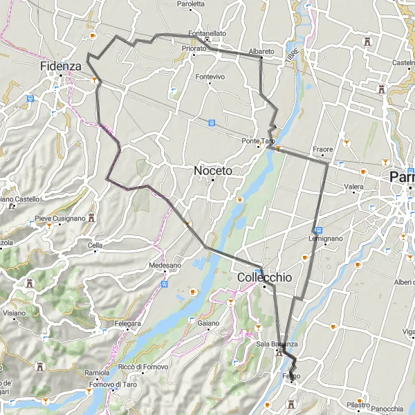 Miniatua del mapa de inspiración ciclista "Ruta en carretera desde Felino a Fontanellato y San Martino Sinzano" en Emilia-Romagna, Italy. Generado por Tarmacs.app planificador de rutas ciclistas