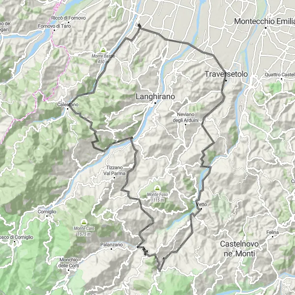 Miniature de la carte de l'inspiration cycliste "Montées et descentes autour de Felino" dans la Emilia-Romagna, Italy. Générée par le planificateur d'itinéraire cycliste Tarmacs.app