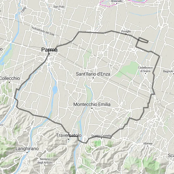Miniaturní mapa "Cyklistická trasa kolem Parmy" inspirace pro cyklisty v oblasti Emilia-Romagna, Italy. Vytvořeno pomocí plánovače tras Tarmacs.app