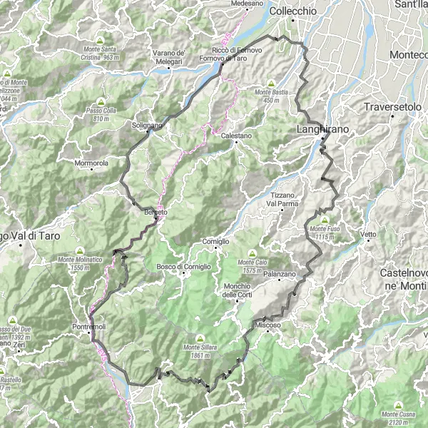 Map miniature of "Mountainous Escape" cycling inspiration in Emilia-Romagna, Italy. Generated by Tarmacs.app cycling route planner