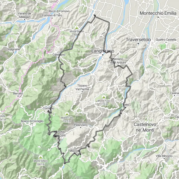 Kartminiatyr av "Utmanande bergsresa till Calestano" cykelinspiration i Emilia-Romagna, Italy. Genererad av Tarmacs.app cykelruttplanerare