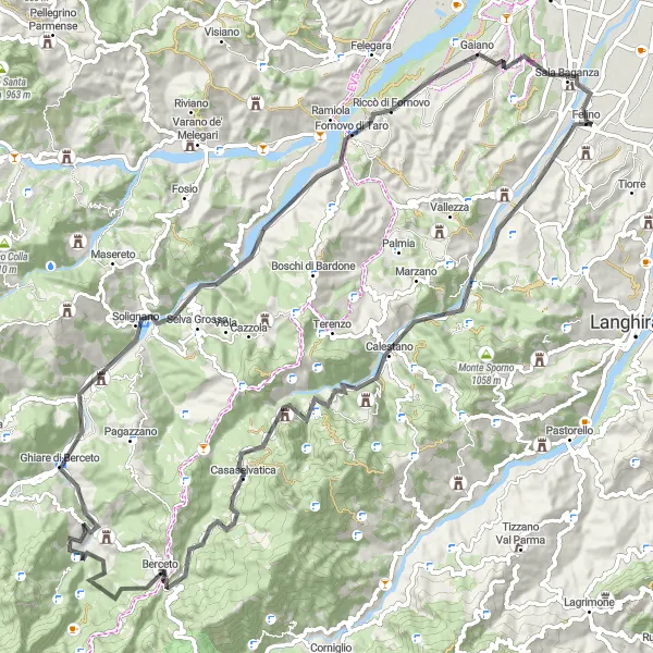 Miniatua del mapa de inspiración ciclista "Ruta en carretera desde Felino a Monte Varano y Sala Baganza" en Emilia-Romagna, Italy. Generado por Tarmacs.app planificador de rutas ciclistas
