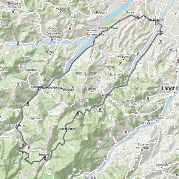 Karttaminiaatyyri "Vuoristomaisemat ja rauhalliset kylät" pyöräilyinspiraatiosta alueella Emilia-Romagna, Italy. Luotu Tarmacs.app pyöräilyreittisuunnittelijalla