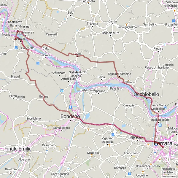Miniaturní mapa "Gravelový okruh kolem Ferrary 84 km" inspirace pro cyklisty v oblasti Emilia-Romagna, Italy. Vytvořeno pomocí plánovače tras Tarmacs.app