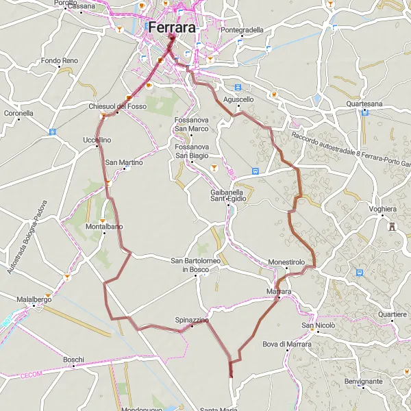 Miniatua del mapa de inspiración ciclista "Ruta de grava por los alrededores de Ferrara" en Emilia-Romagna, Italy. Generado por Tarmacs.app planificador de rutas ciclistas