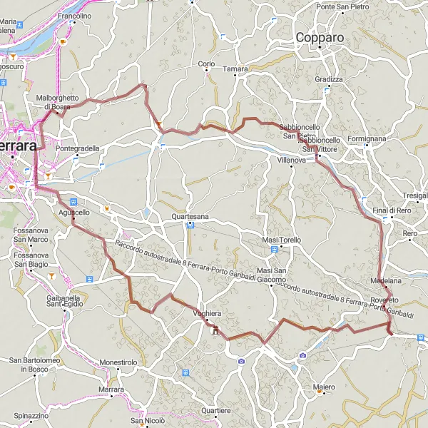 Zemljevid v pomanjšavi "Gravel pot Baura-Denore-Medelana-Malborghetto di Boara" kolesarske inspiracije v Emilia-Romagna, Italy. Generirano z načrtovalcem kolesarskih poti Tarmacs.app