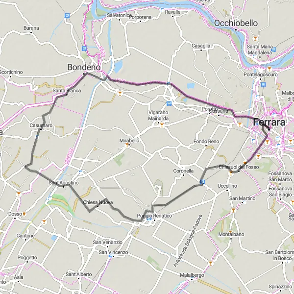 Zemljevid v pomanjšavi "Pot Ex Caserma Pastrengo-Poggio Renatico-Casumaro-Bondeno" kolesarske inspiracije v Emilia-Romagna, Italy. Generirano z načrtovalcem kolesarskih poti Tarmacs.app