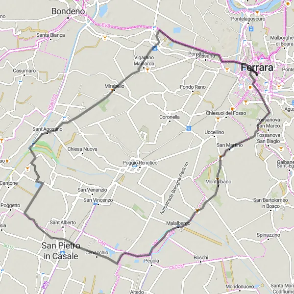 Miniaturní mapa "Silniční okruh 70 km s převýšením" inspirace pro cyklisty v oblasti Emilia-Romagna, Italy. Vytvořeno pomocí plánovače tras Tarmacs.app