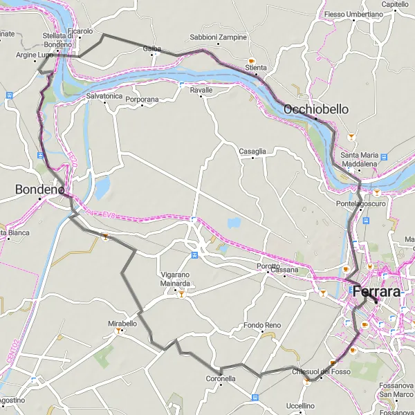 Miniatua del mapa de inspiración ciclista "Ruta de Ciclismo de Carretera cerca de Ferrara" en Emilia-Romagna, Italy. Generado por Tarmacs.app planificador de rutas ciclistas