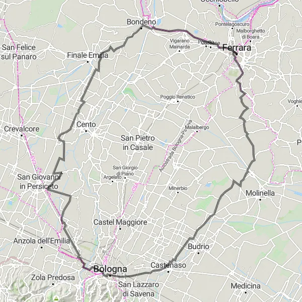 Karten-Miniaturansicht der Radinspiration "Rundfahrt um Ferrara entlang malerischer Sehenswürdigkeiten" in Emilia-Romagna, Italy. Erstellt vom Tarmacs.app-Routenplaner für Radtouren
