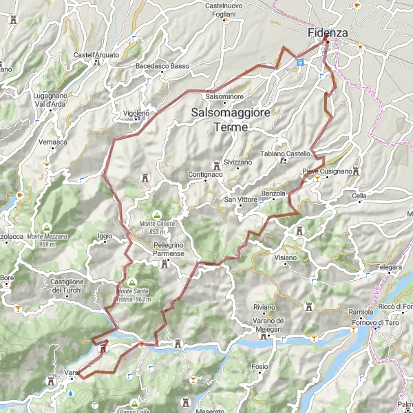 Zemljevid v pomanjšavi "Bajkarska dogodivščina: Potepe po hribih" kolesarske inspiracije v Emilia-Romagna, Italy. Generirano z načrtovalcem kolesarskih poti Tarmacs.app