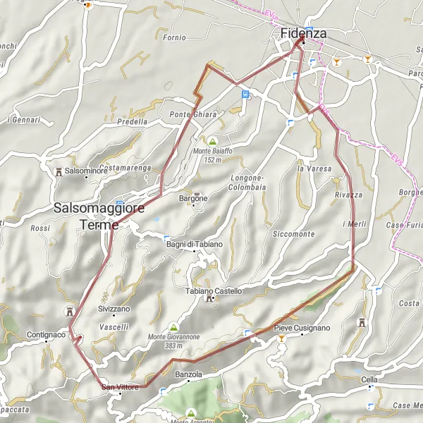 Zemljevid v pomanjšavi "Gravel krožna pot do Fidenze" kolesarske inspiracije v Emilia-Romagna, Italy. Generirano z načrtovalcem kolesarskih poti Tarmacs.app