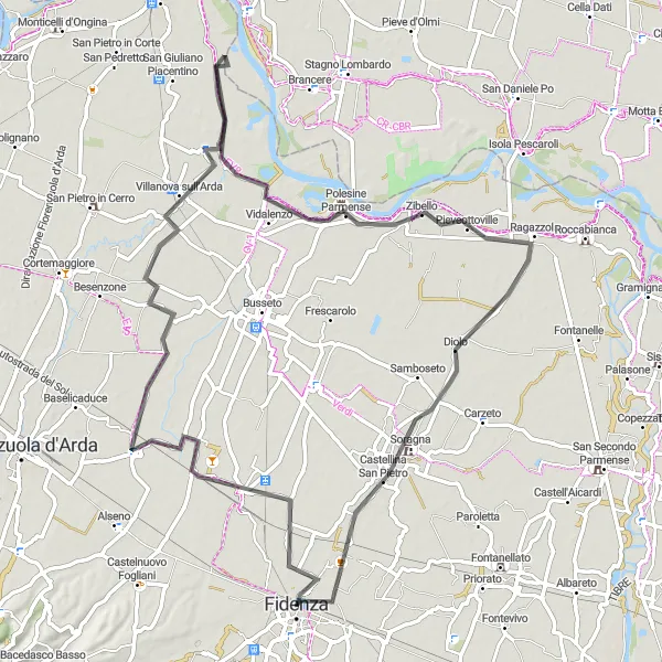 Mapa miniatúra "Kultúrna jazda okolo Fidenzy" cyklistická inšpirácia v Emilia-Romagna, Italy. Vygenerované cyklistickým plánovačom trás Tarmacs.app