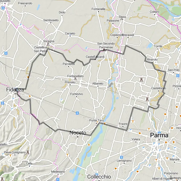 Zemljevid v pomanjšavi "Potovanje vzdolž slikovitih italijanskih vaseh" kolesarske inspiracije v Emilia-Romagna, Italy. Generirano z načrtovalcem kolesarskih poti Tarmacs.app