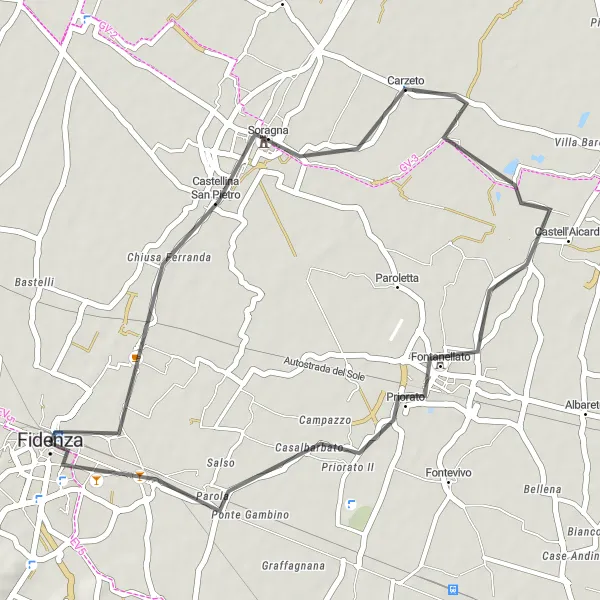 Miniatuurkaart van de fietsinspiratie "Korte route naar Fontanellato" in Emilia-Romagna, Italy. Gemaakt door de Tarmacs.app fietsrouteplanner