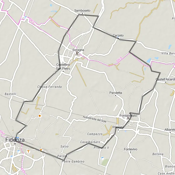 Kartminiatyr av "Vägcykling till Fontanellato" cykelinspiration i Emilia-Romagna, Italy. Genererad av Tarmacs.app cykelruttplanerare